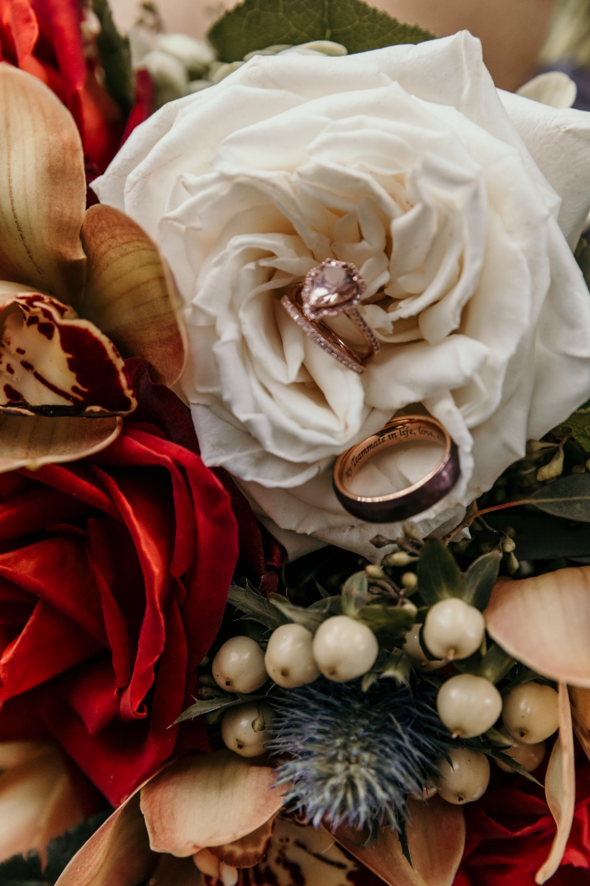 flat lay with pink wedding ring