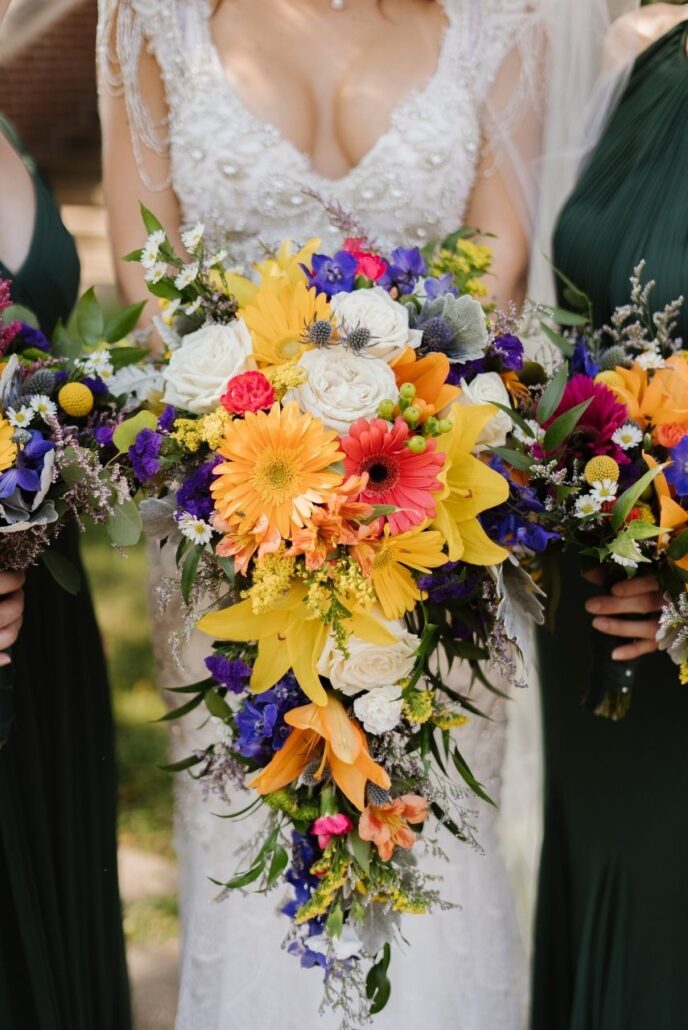 tear drop wedding bouquet bright flowers