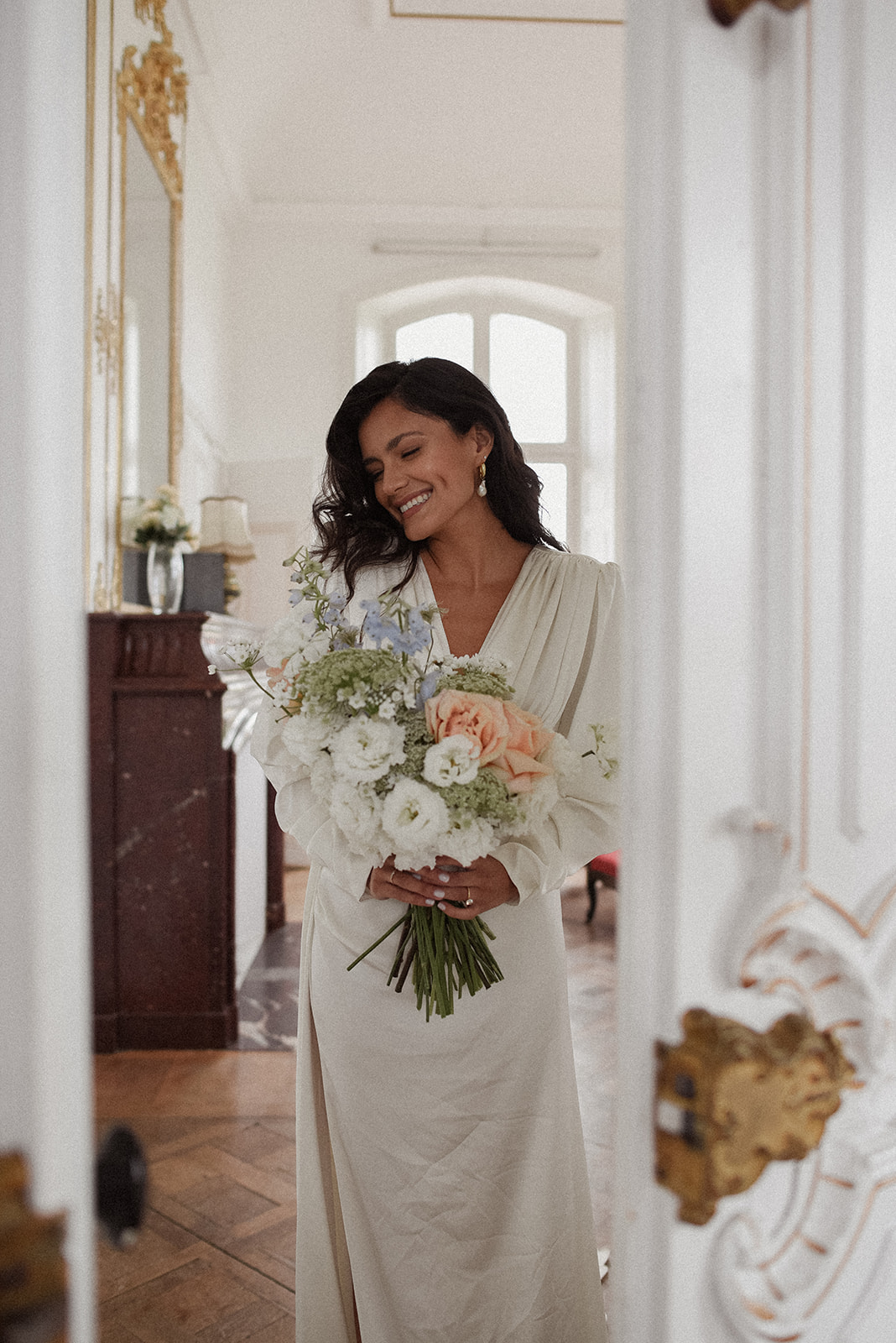 draped satin wedding gown