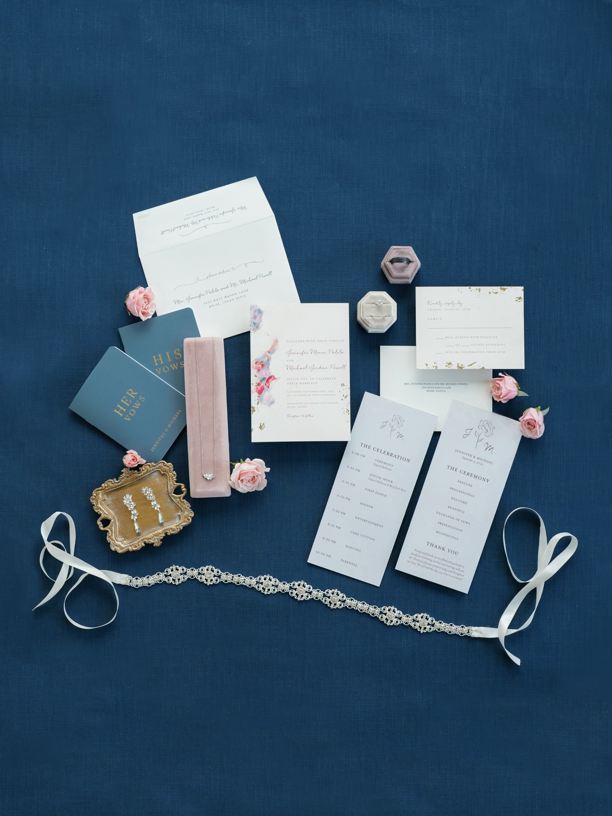 flat lay wedding invitations