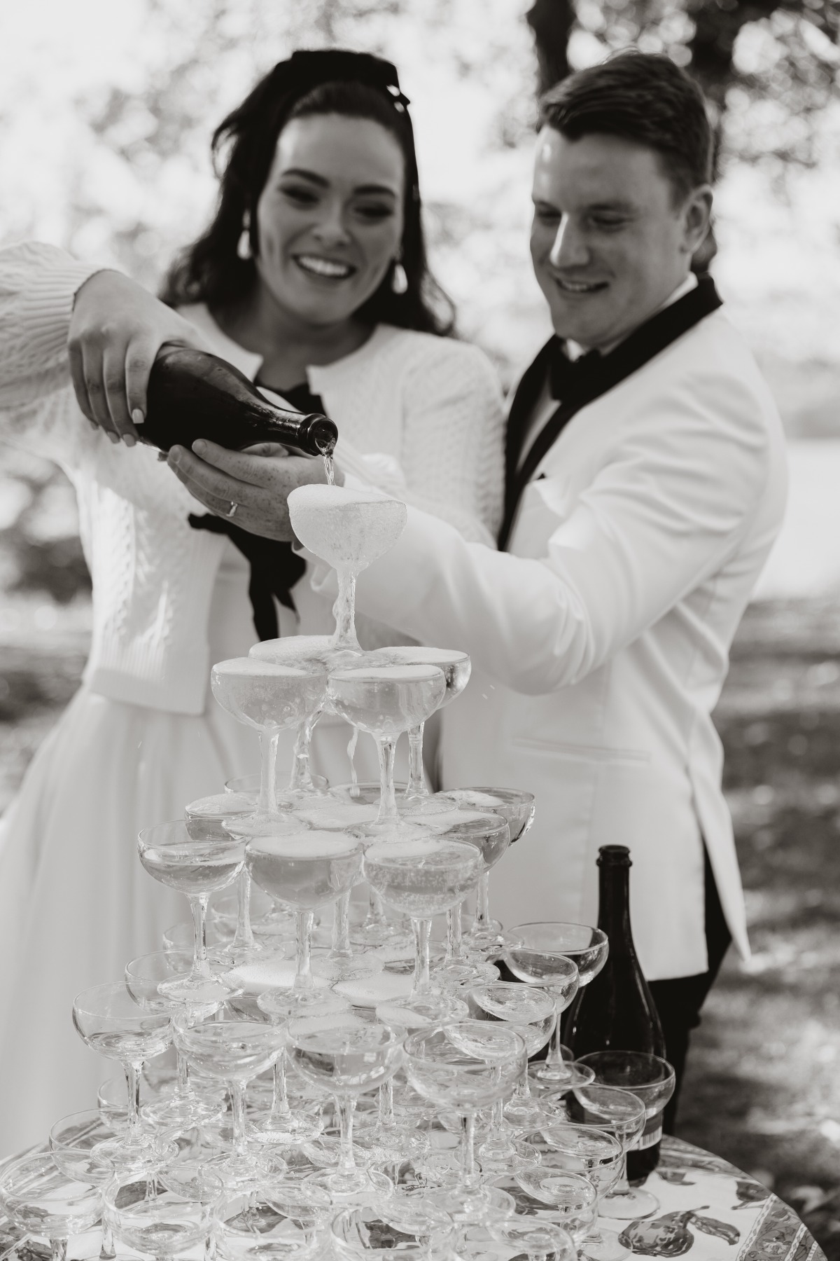 Wedding champagne tower portraits