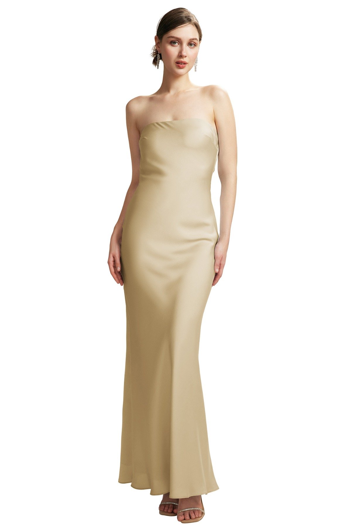 champagne satin column dress by AW bridal