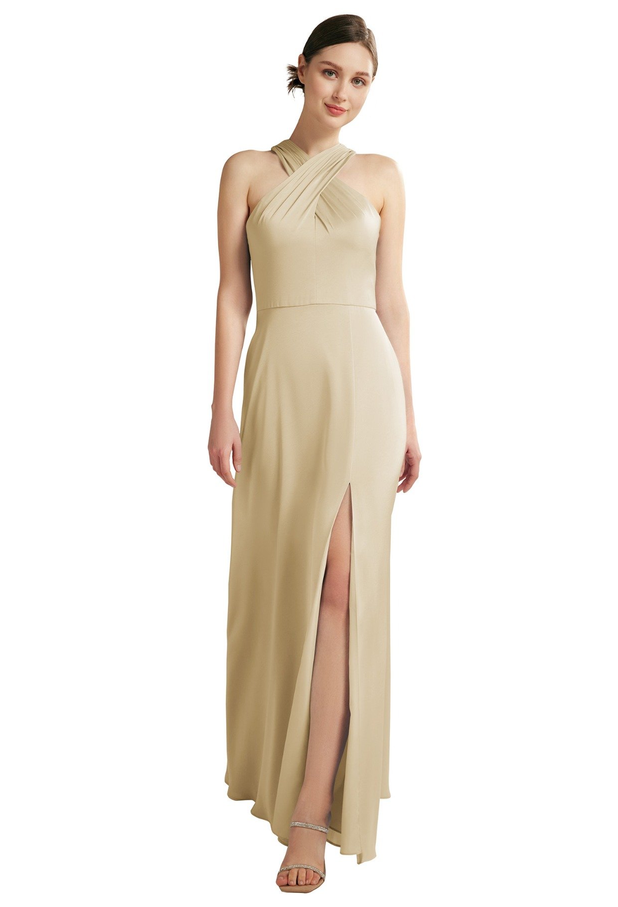 wrap neck halter satin bridesmaid dress from AW bridal