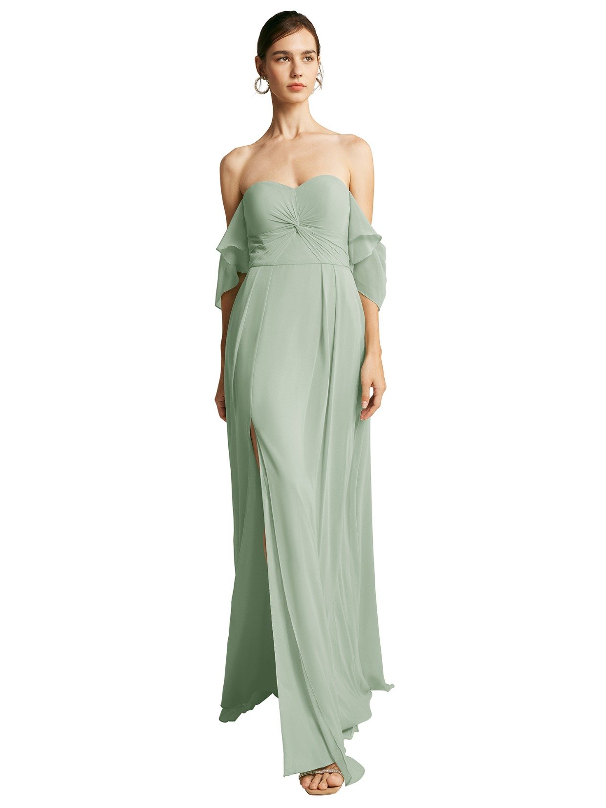 off the shoulder sage chiffon bridesmaid dress from AW Bridal