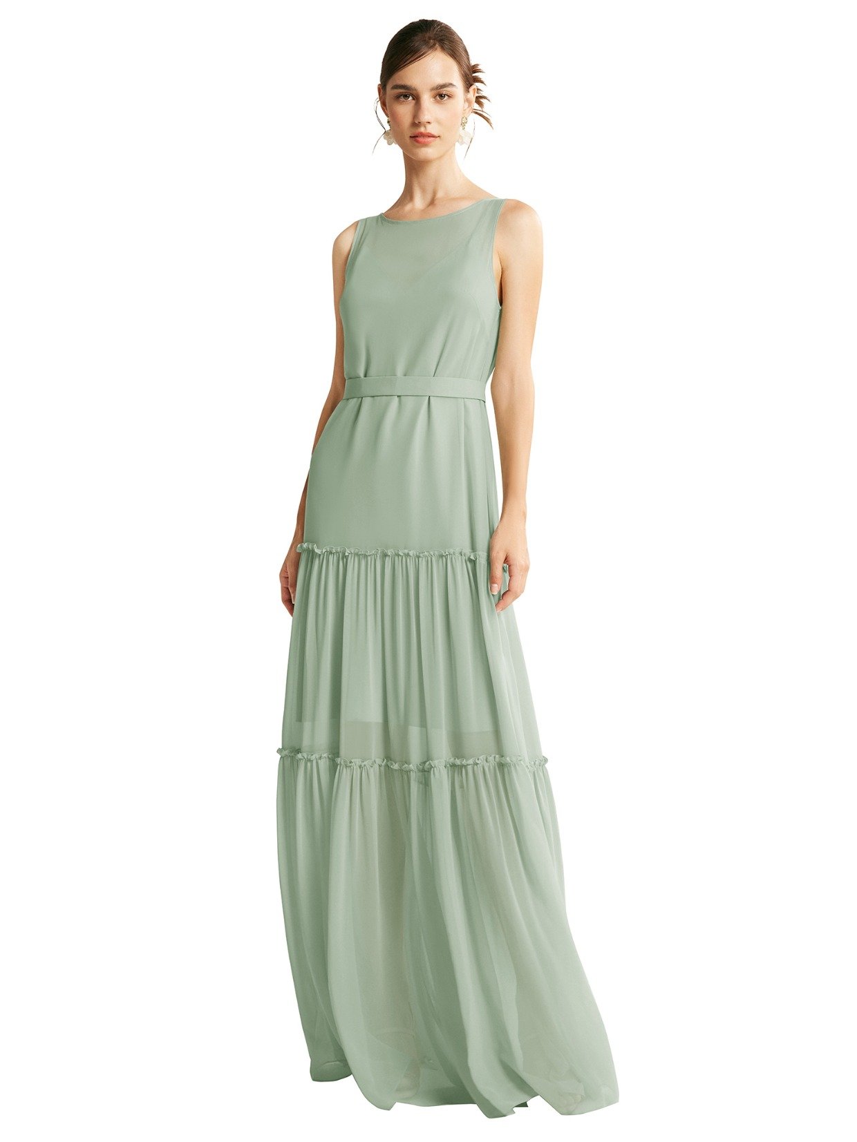 tiered boho sage chiffon bridesmaid dress from AW Bridal