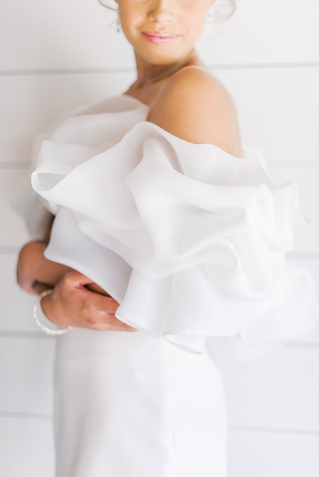 off the shoulder ruffle wedding dress