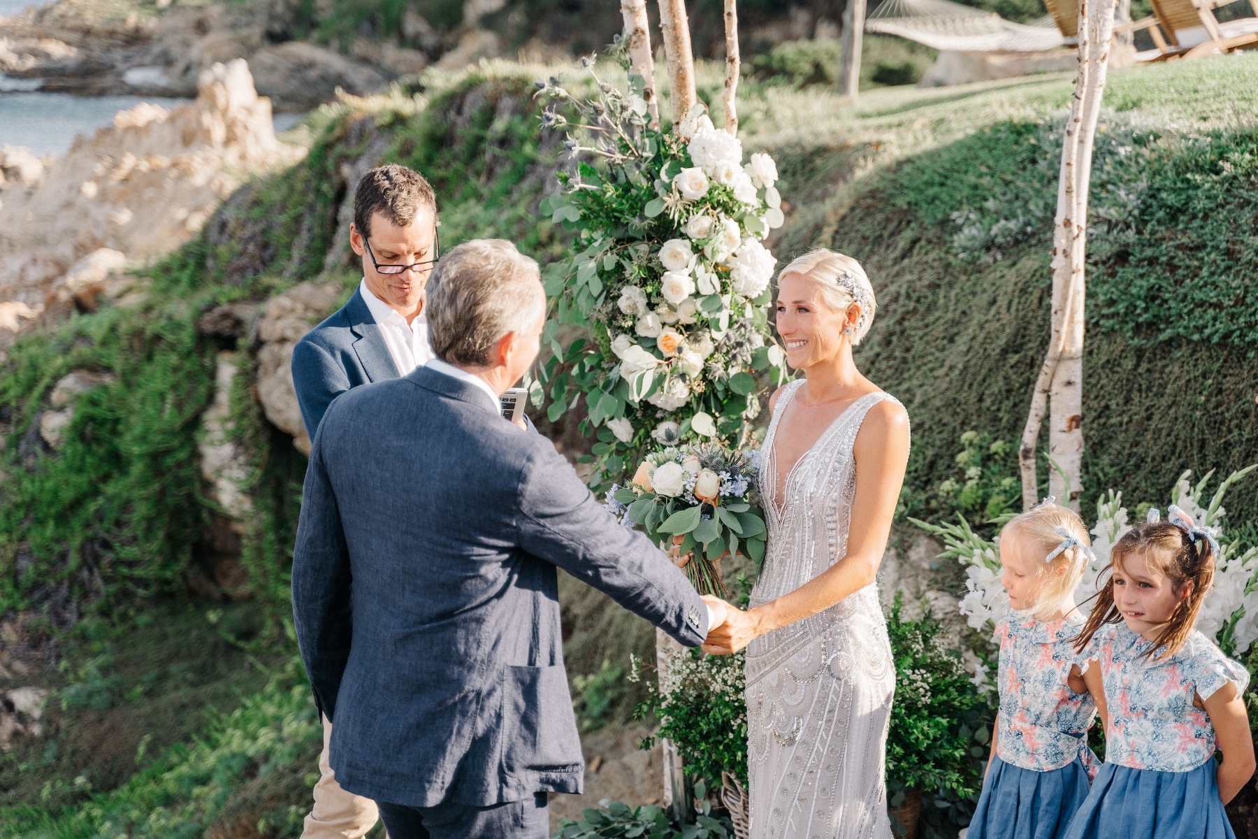 white peach and blue wedding arrangements