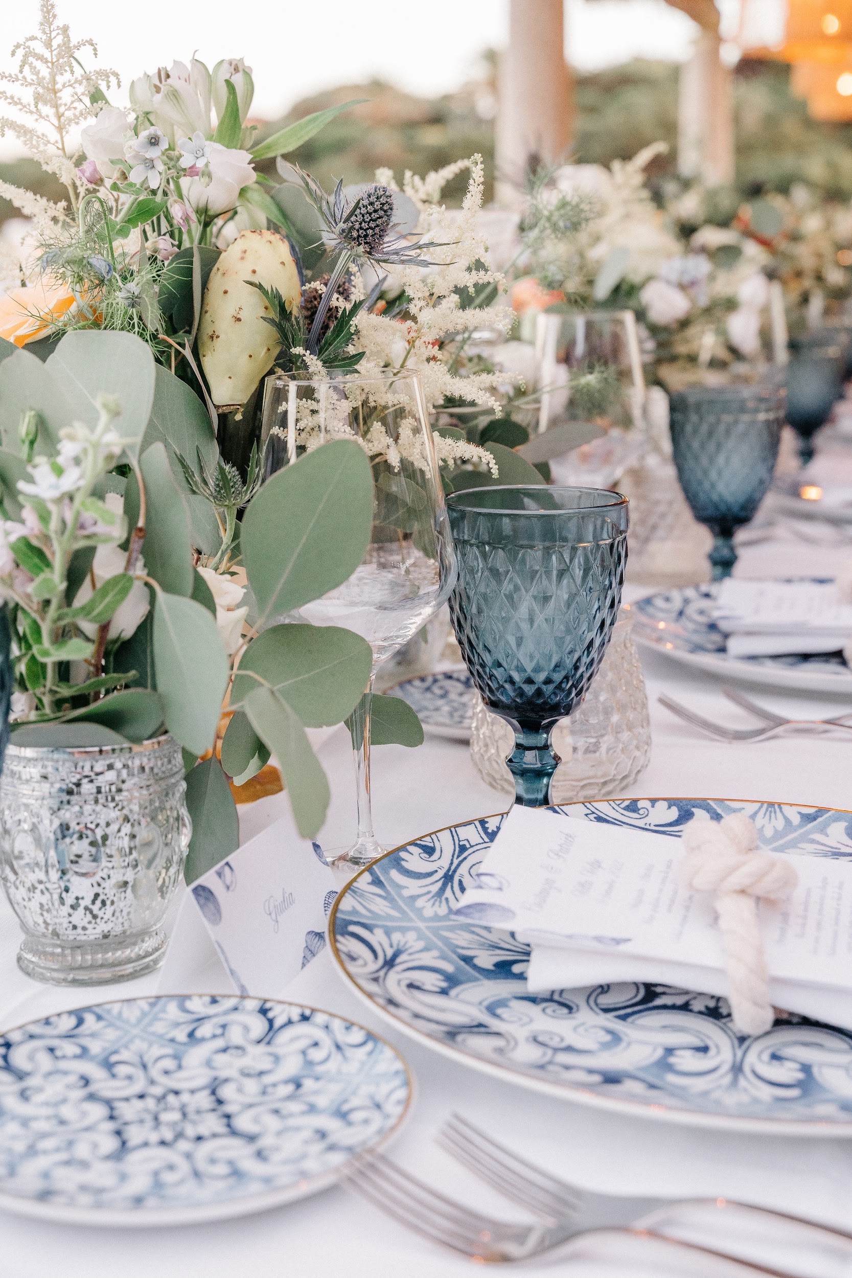 blue Mediterranean wedding reception theme