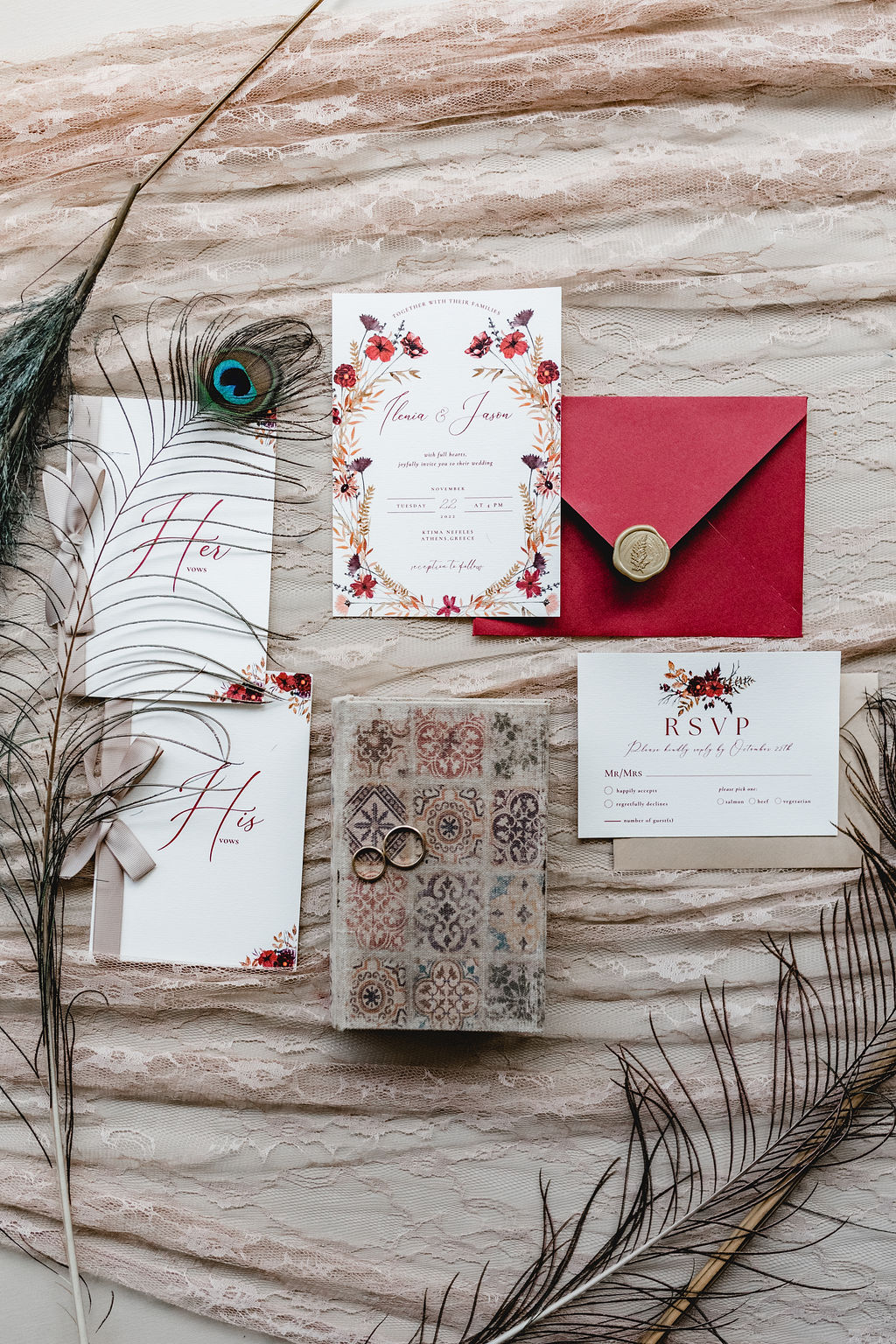 deep red wedding stationery