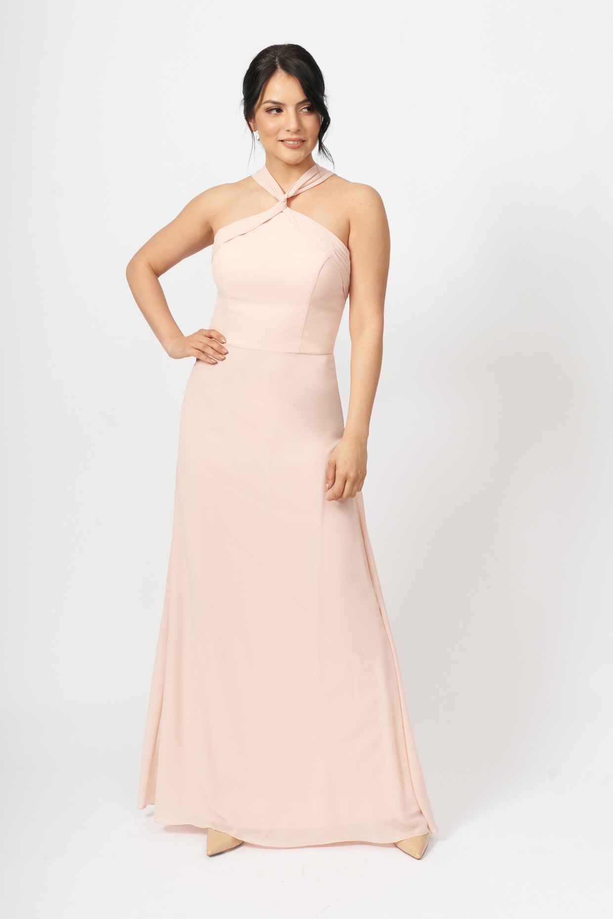 draped high neckline bridesmaid dress in blush from Leading Ladies LA