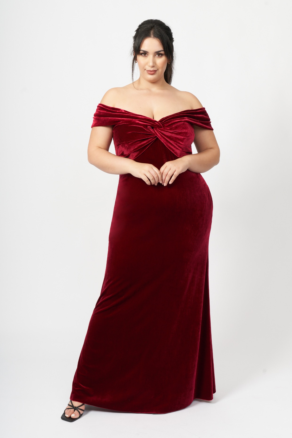 burgundy velvet off the shoulder bridesmaid dress by Leading Ladies LA