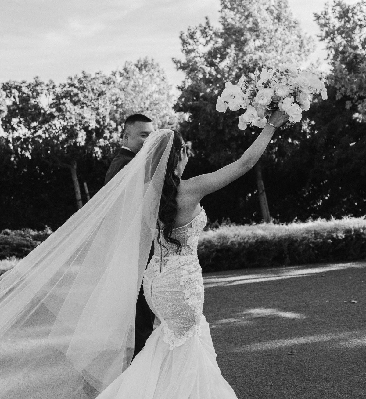 Excited newlyweds cheering