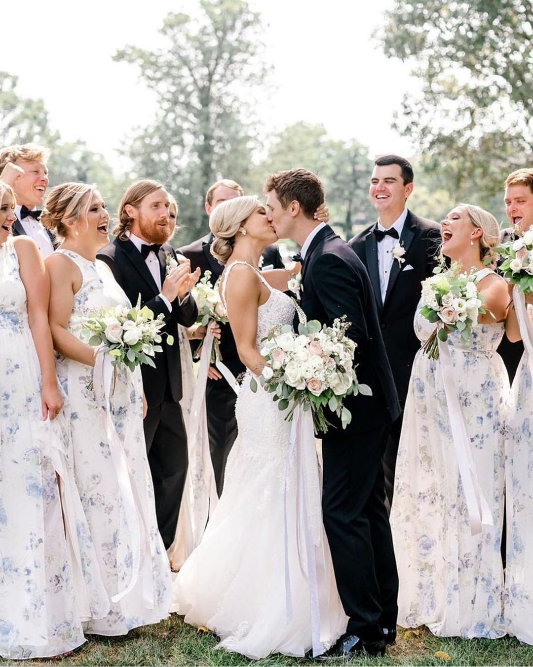 blue and white floral bridesmaid dresses