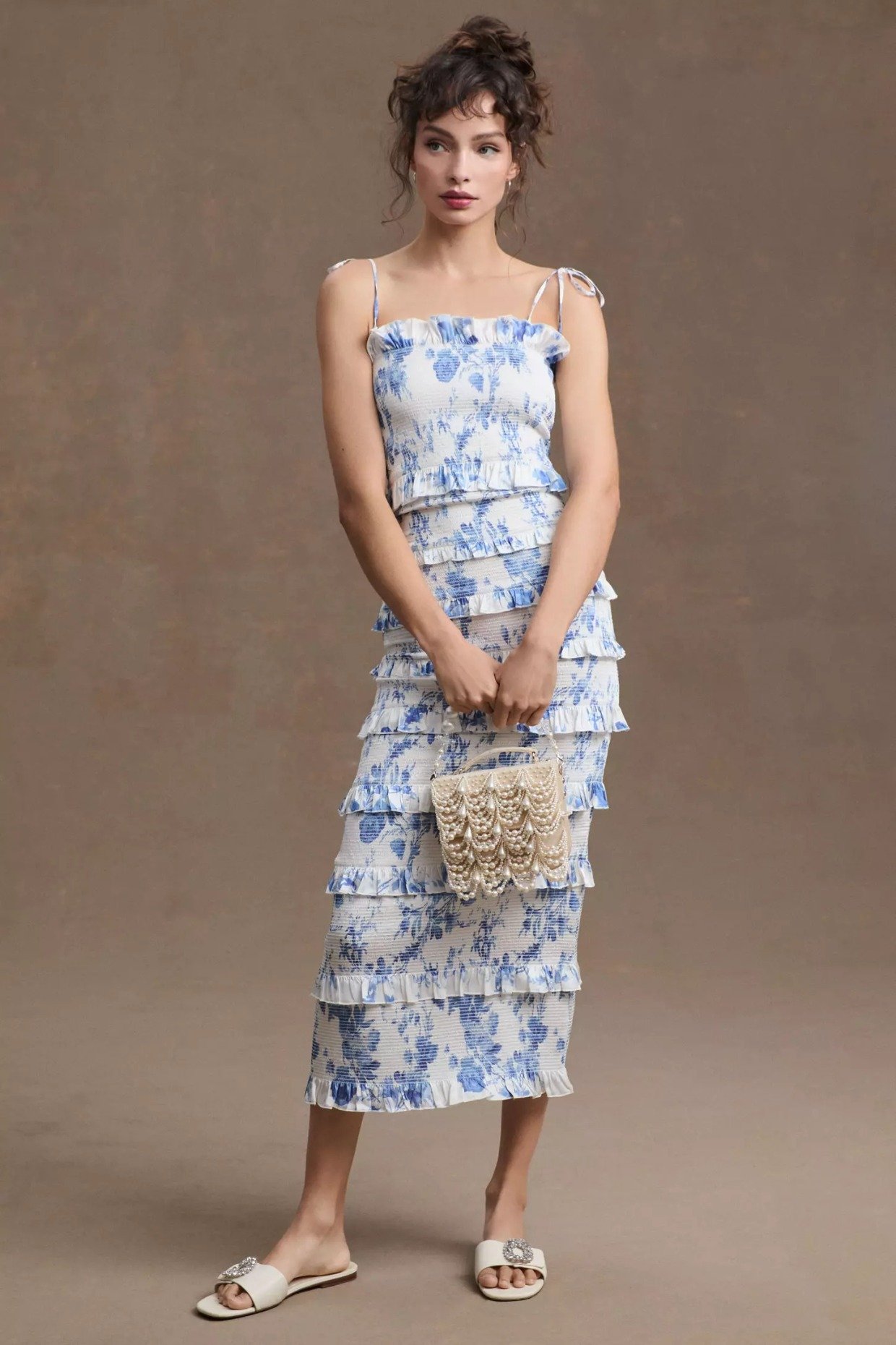 blue toile floral bridesmaid midi dress