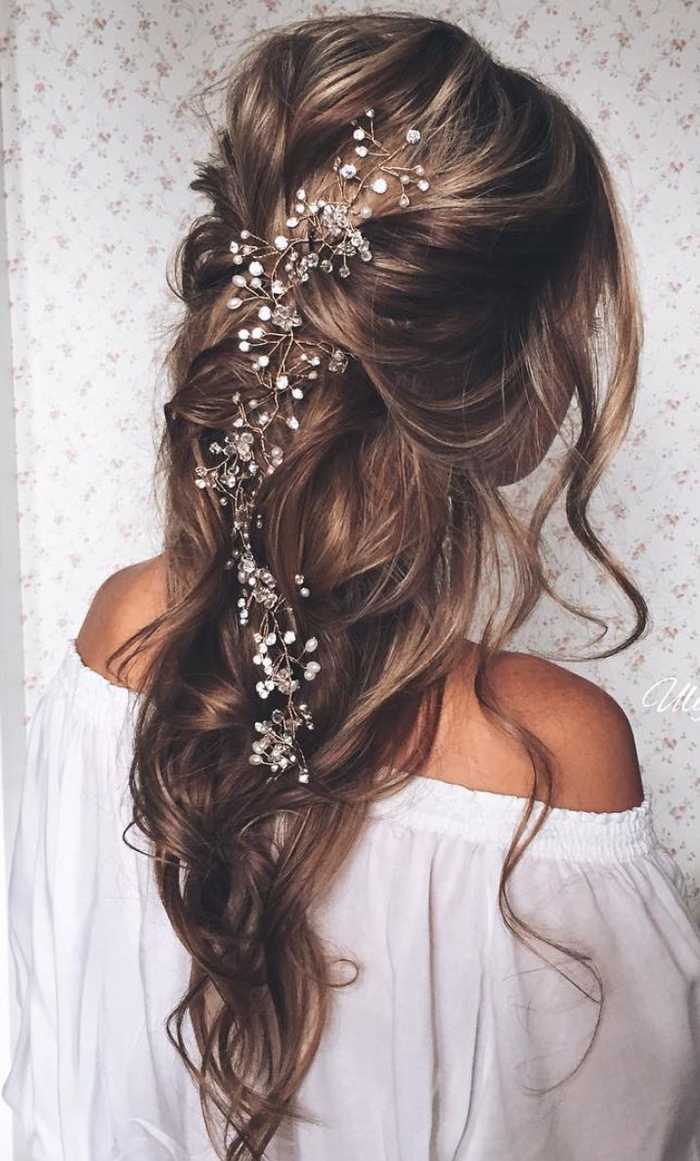 long hair with hair jewellery from white beads in the center - hairstyle bridesmaid