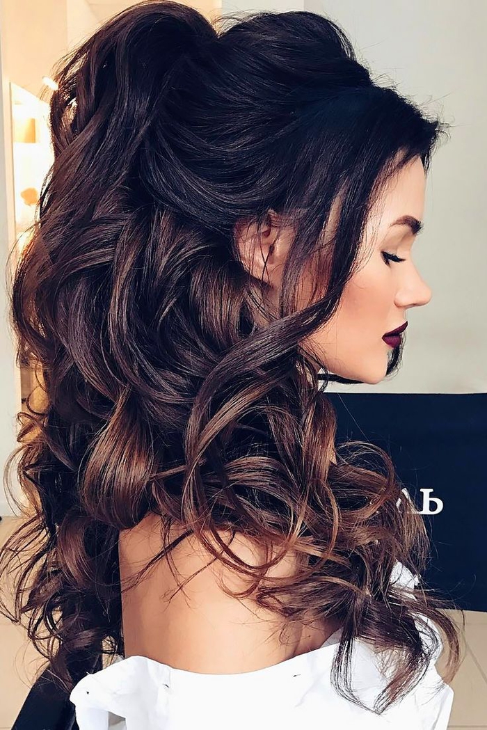 long hair, curly hair on a ponytail splendid hairstyle for a bridesmaid