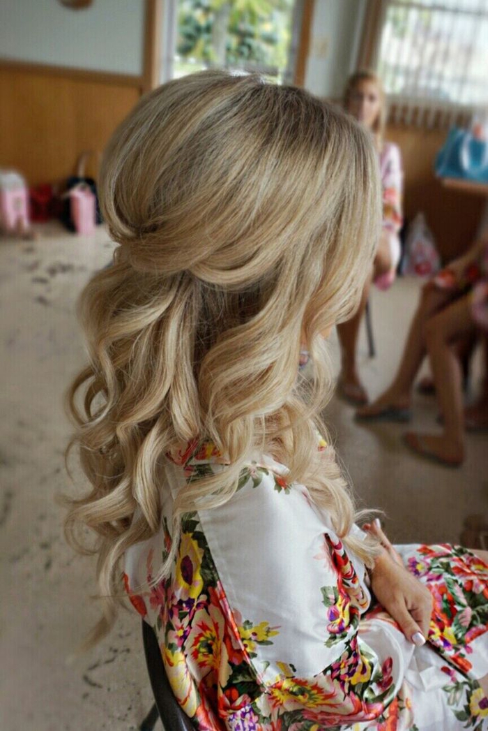 blonde hair, colorful dress, slightly curled hair, bridesmaids hairstyles