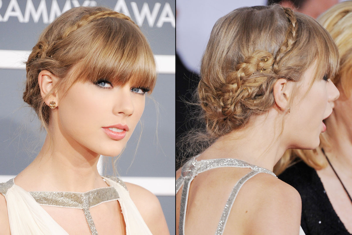 Taylor Swift with a complicated braided hairstyle, blond hair, subtle Make up, hairstyle bridesmaid 