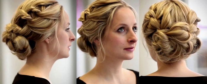 blonde hair a lot of braided hairstyle updo hairstyle wedding black dress