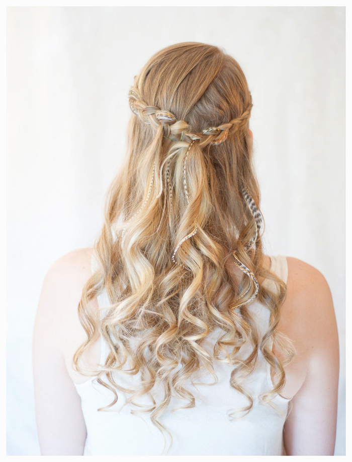 blonde hair, curled hair, Long hairstyle with a braid as a wreath wedding hair