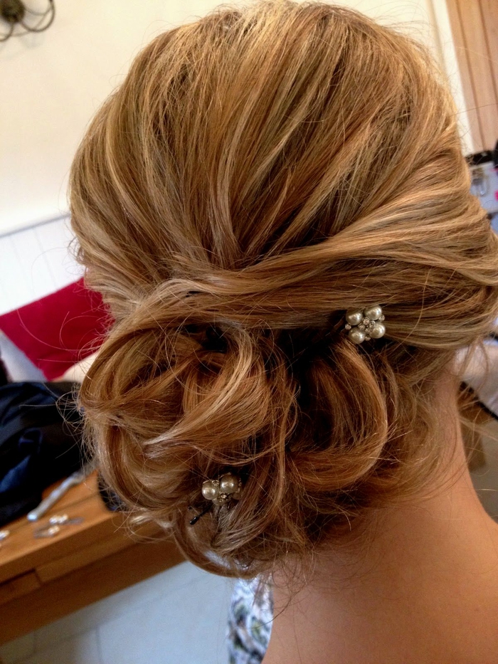 Brown hair with Ombre Look with small beaded hair jewelry updos wedding