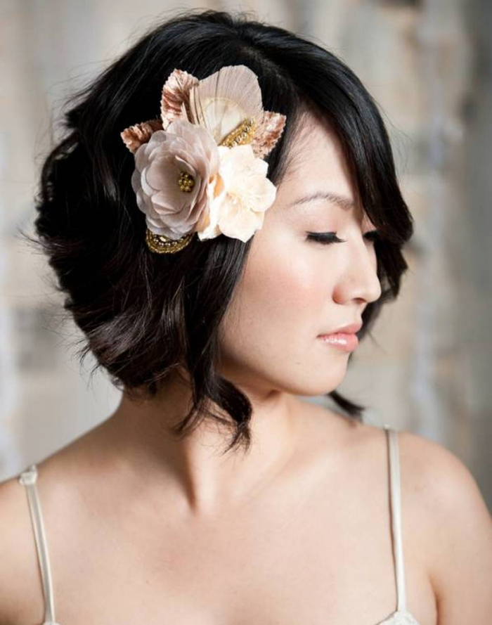 black hair and shoulder-length hair-beautiful flower from fabric simple wedding hairstyles