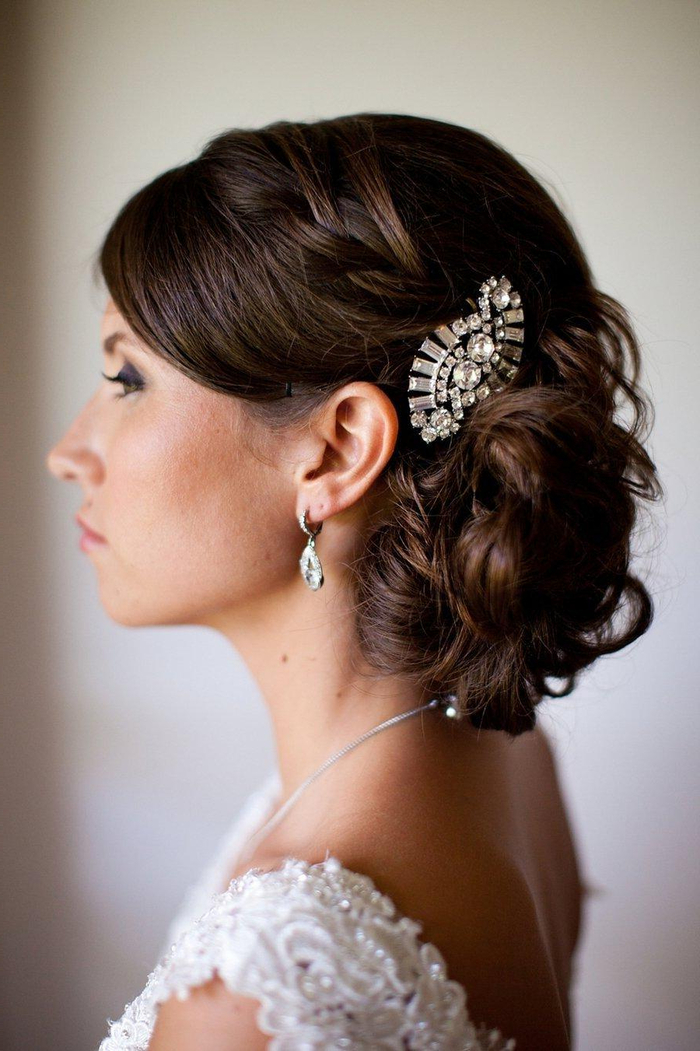 brown hair, hair jewelry with diamonds, white dress, wedding hair