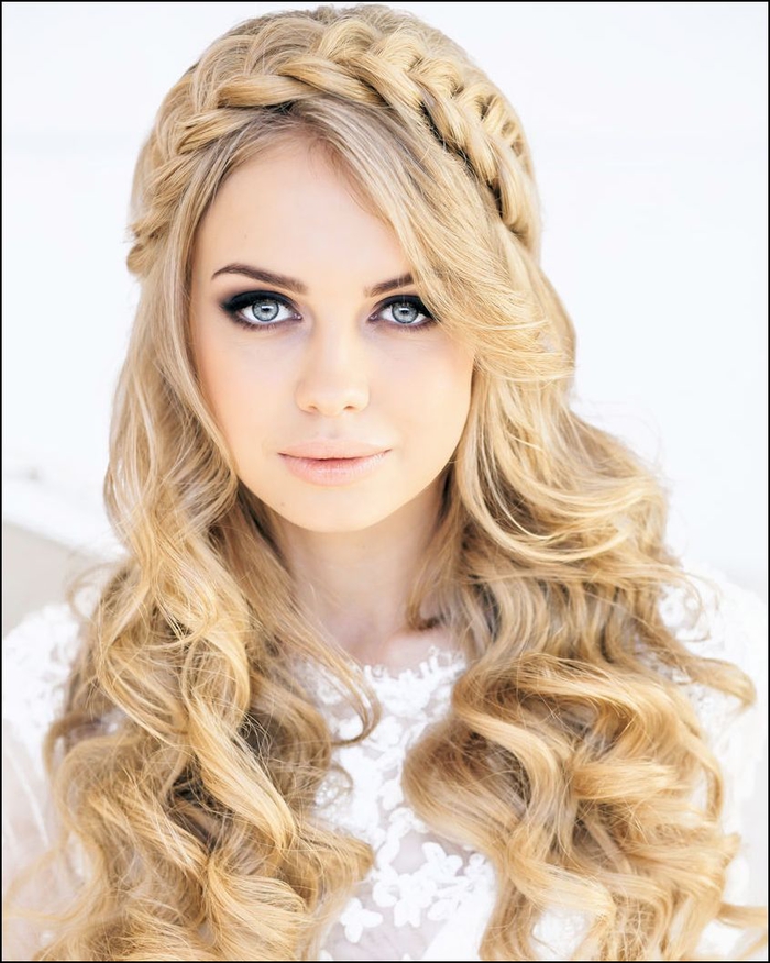 blonde long curly hair in a braid like wreath simple wedding hairstyles