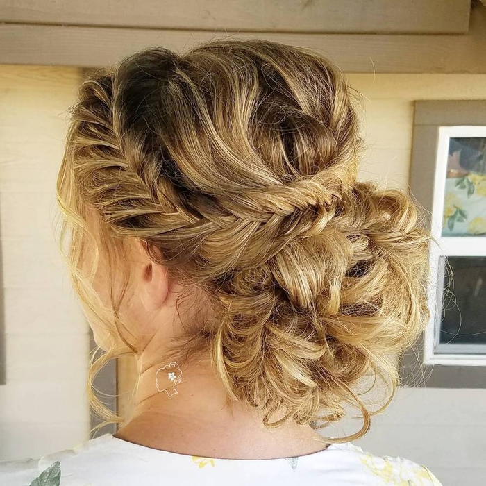 Blonde hair in a braid with curly hair hairstyle white dress bridesmaids hairstyles