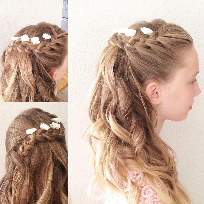 braided hairstyle for long blonde hair small white flowers, simple wedding hairstyles