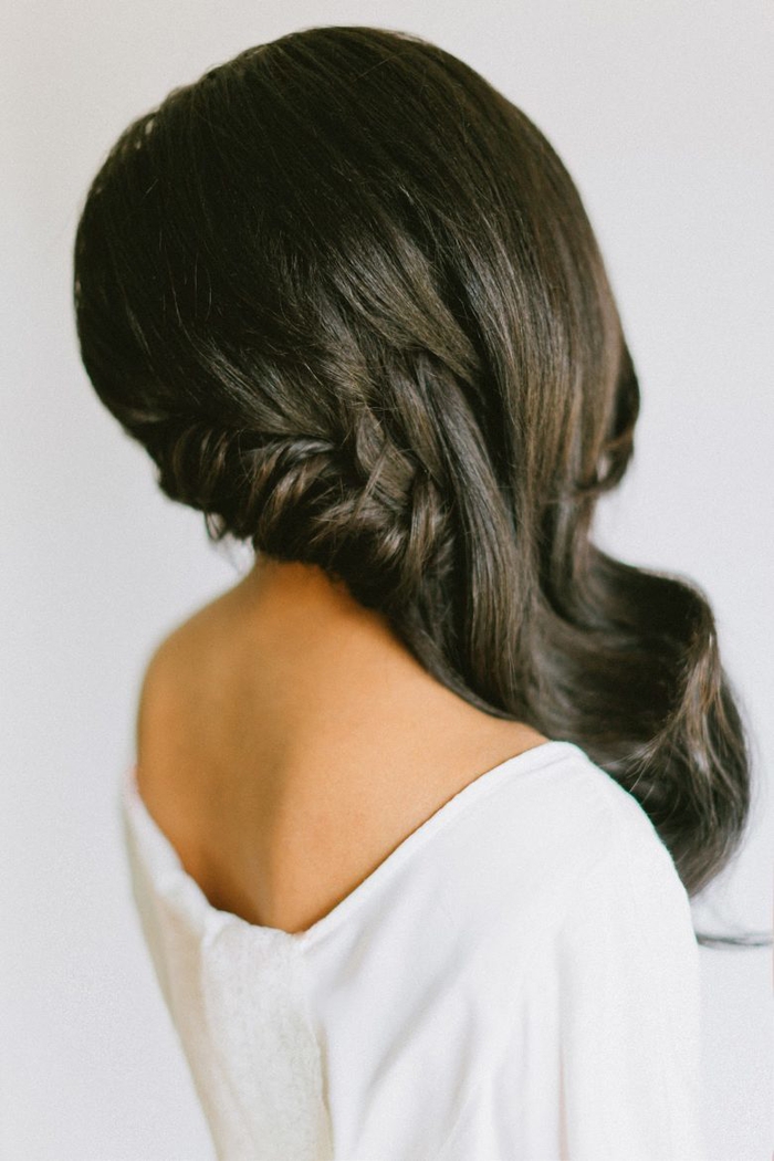 black long hair, braided hair, white dress very sweet wedding hairstyle