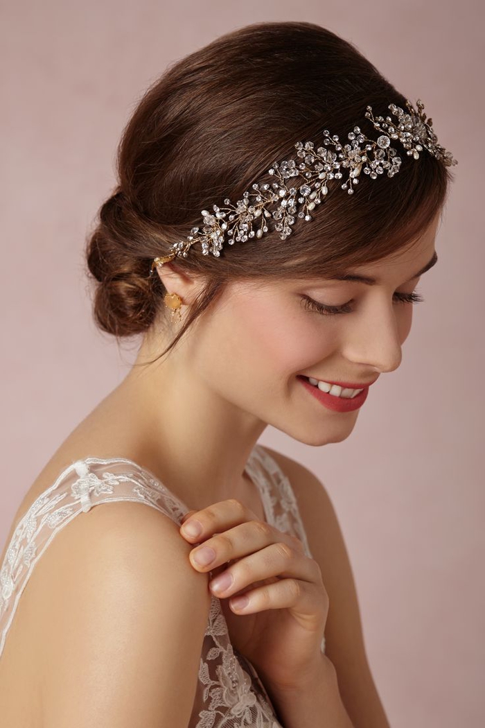 gorgeous hair accessories with small glass beads, brown hair, white dress