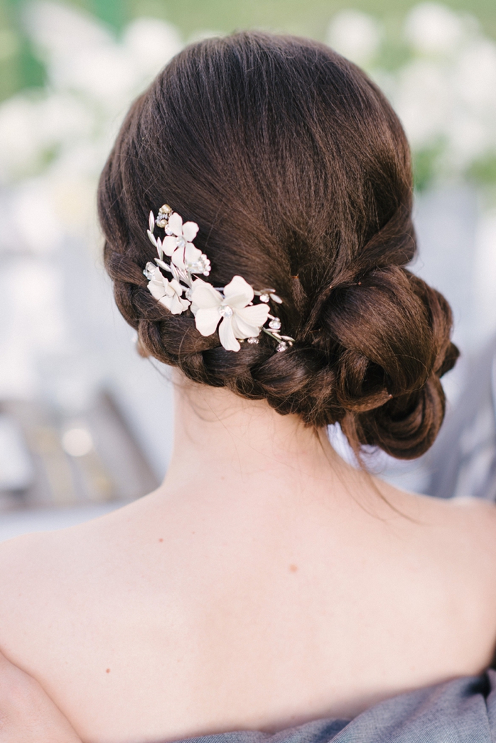 brown hair braided hair hairstyle bridesmaids with white flowers