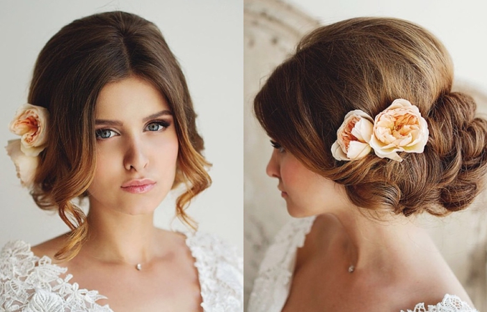 long hair with beautiful flowers rounded-hairstyle cute Curls, white dress