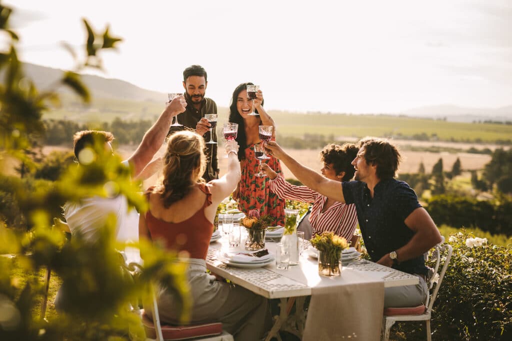 Friends making big party outdoors. Group of people toasting with wine during a dinner party.