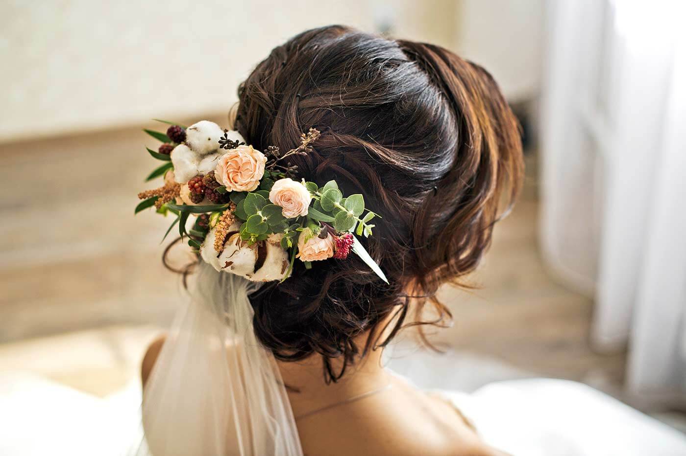 Bridal hairstyle with flowers and veil