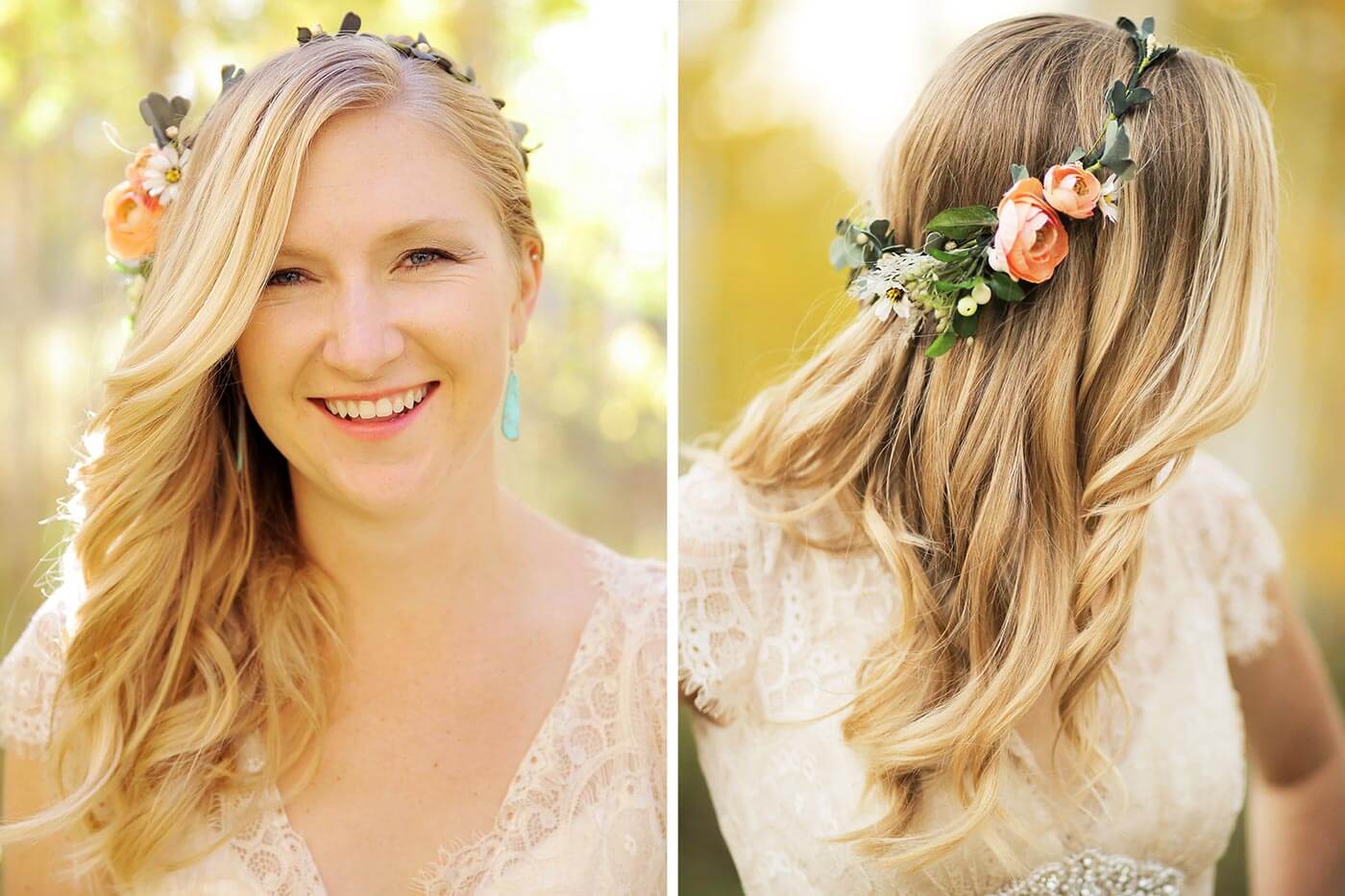 Bridal hairstyle with wreath of flowers in autumn