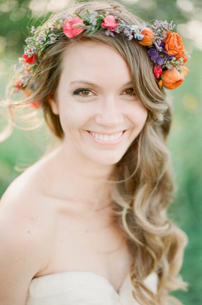 Bridal makeup-bride-in-spring-white-dress-colorful-flowers-smile-eyes-beautiful-woman