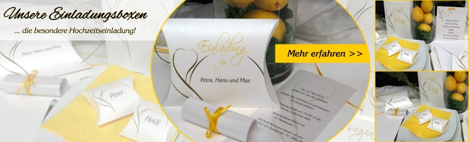 Exceptional wedding invitation in a Box with a yellow flower.