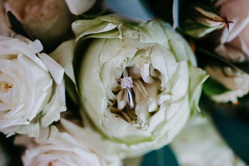 Engagement ring in a white Rose