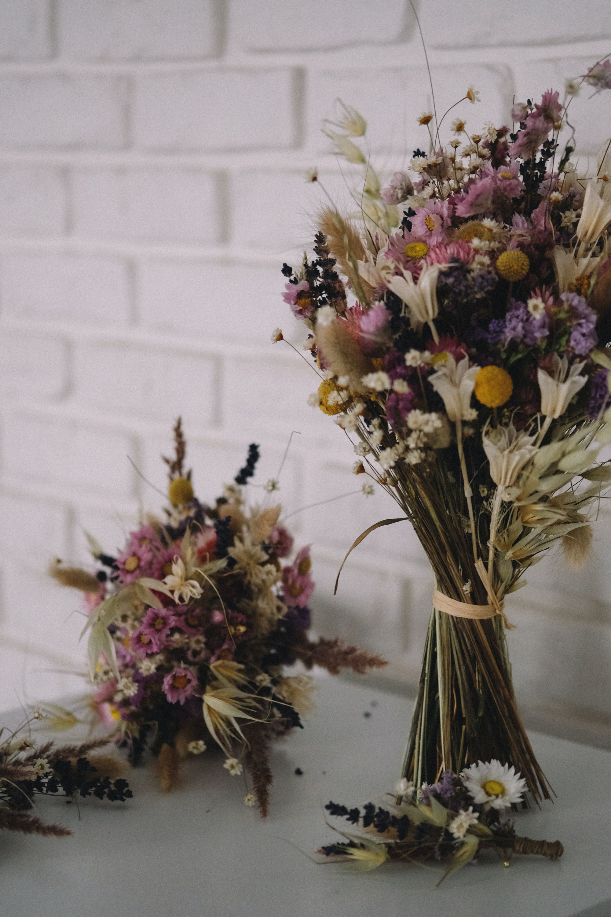 Two wedding bouquets of dried flowers 