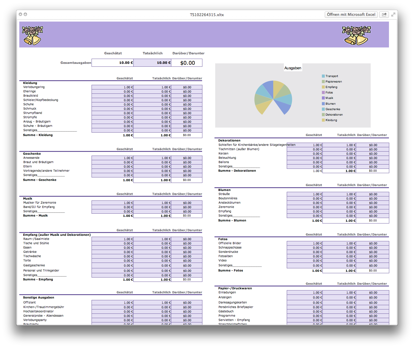 Simple wedding budget template