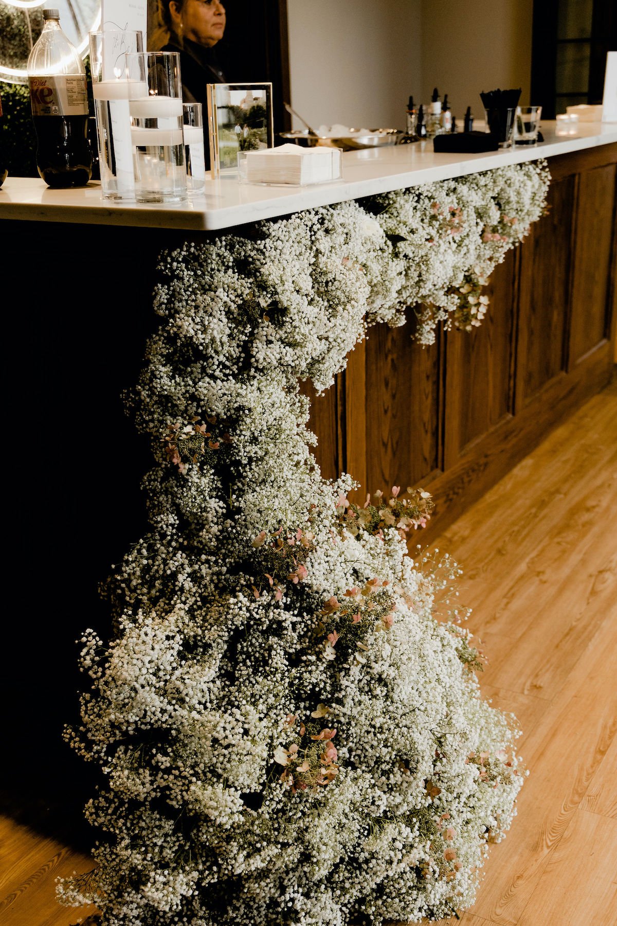 baby's breath installation for wedding bar