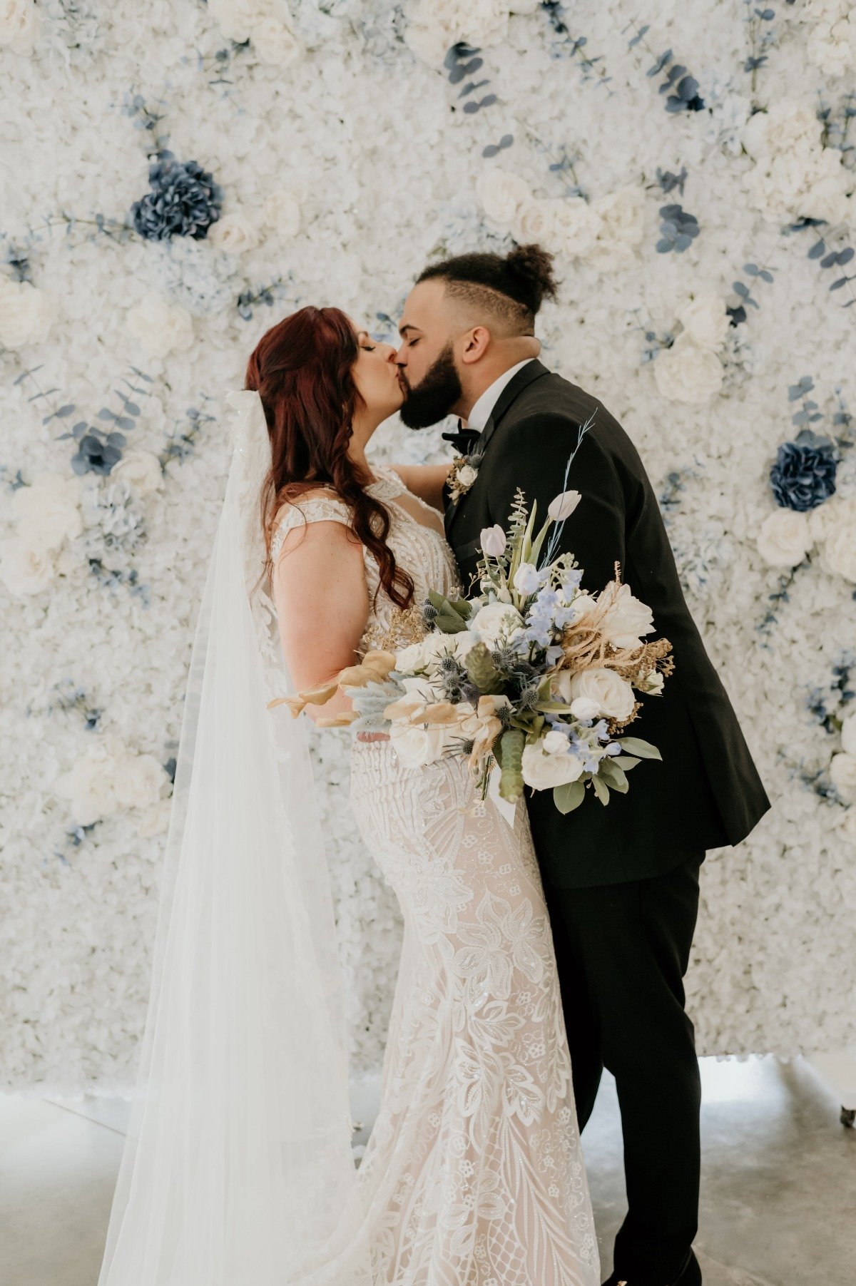 white and blue flower wall