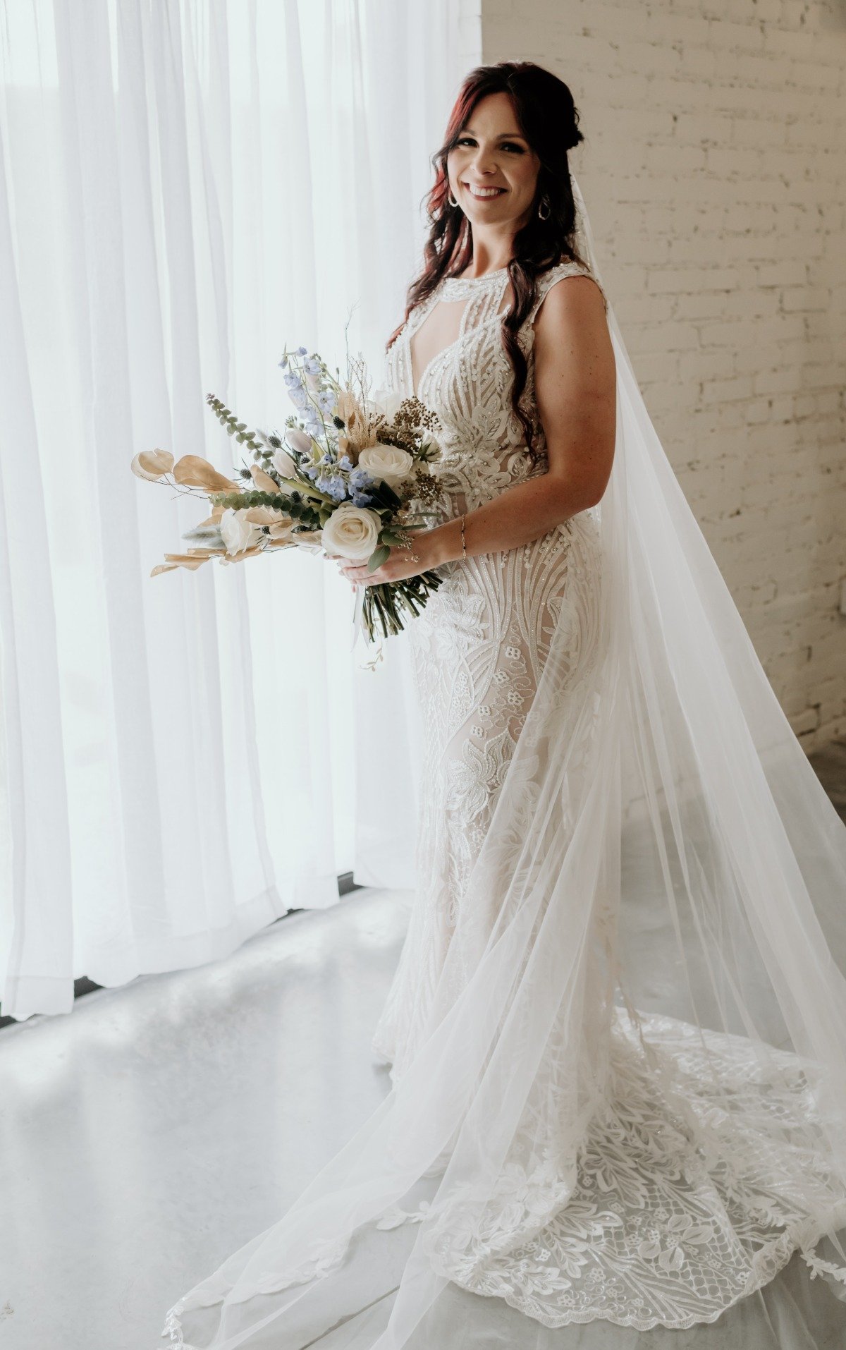 cream and blue bridal bouquet