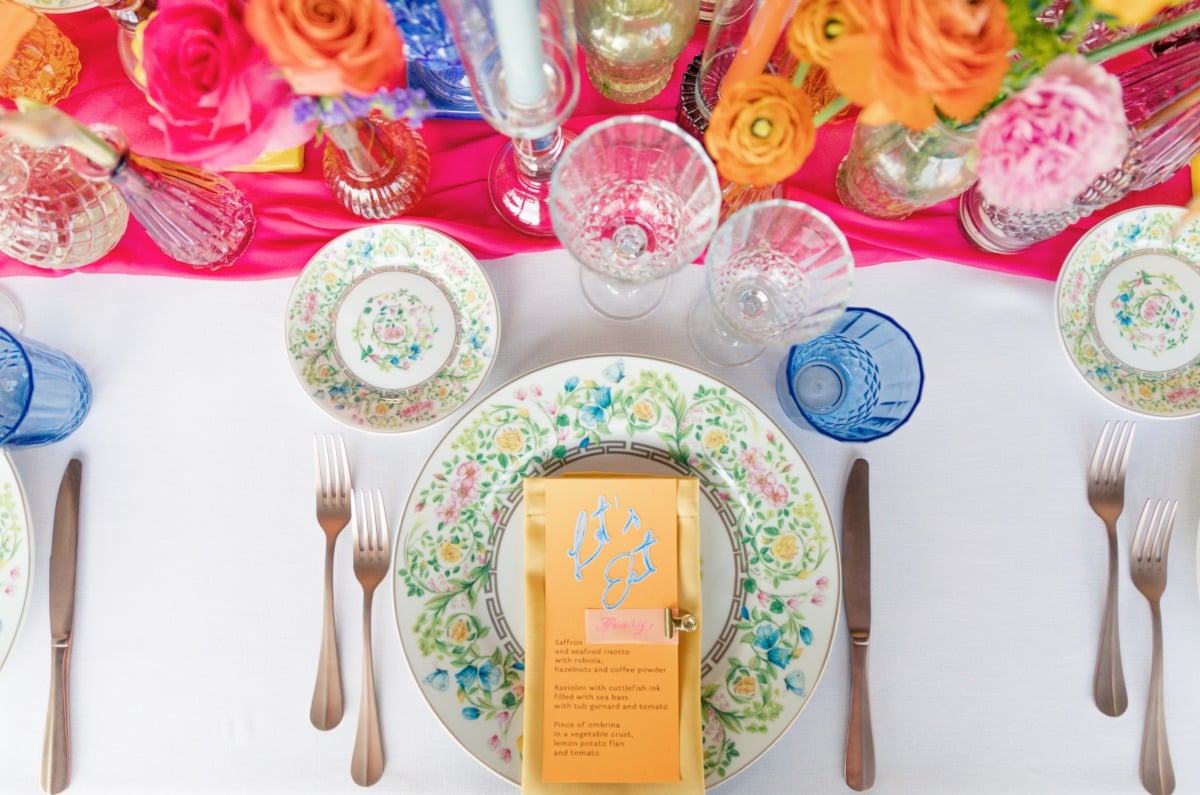 colorful floral wedding placesetting