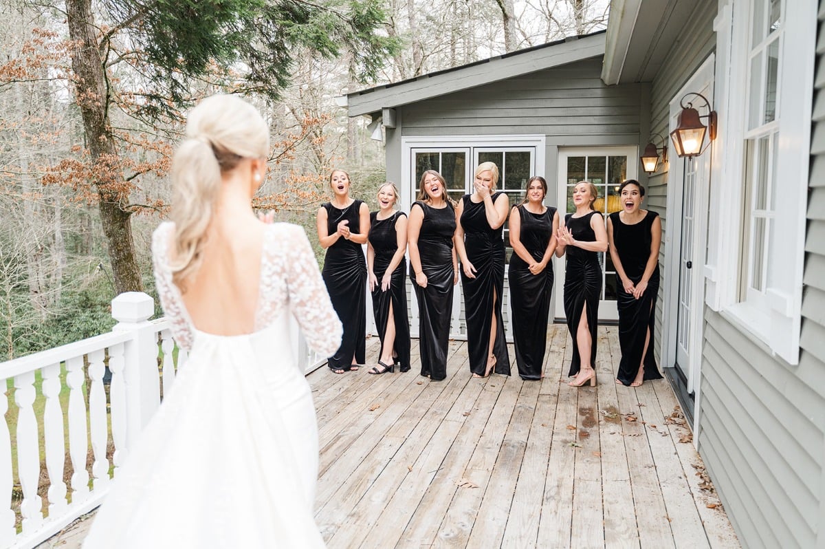 Bridesmaids reacting to first look with bride