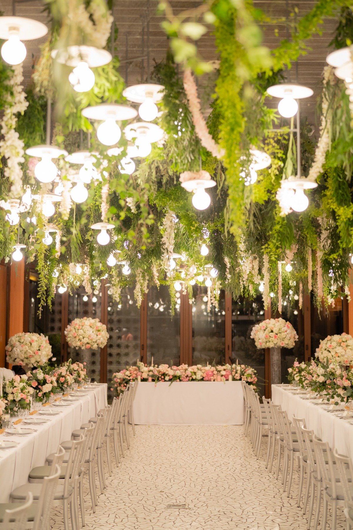 unique hanging greenery and lighting installation