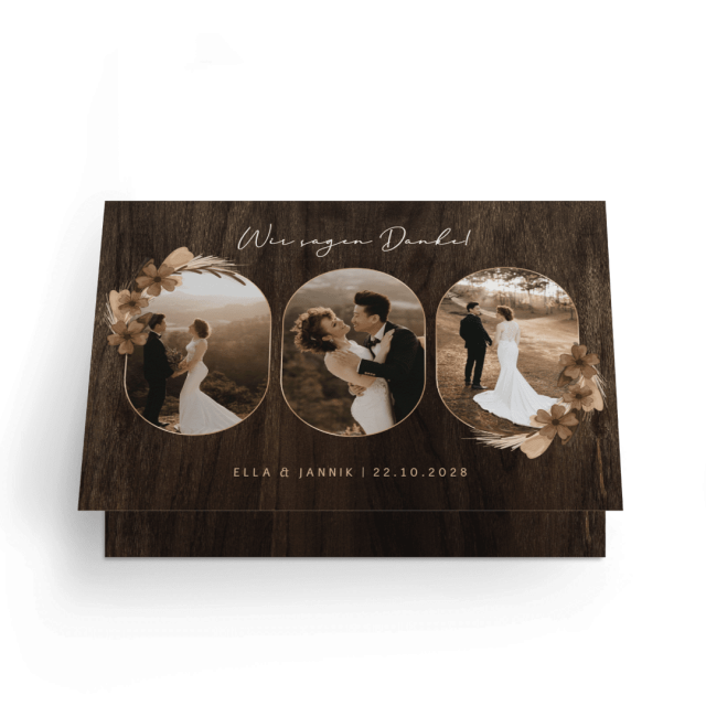 Dark brown wedding card with photos and rustic appearance of the wood