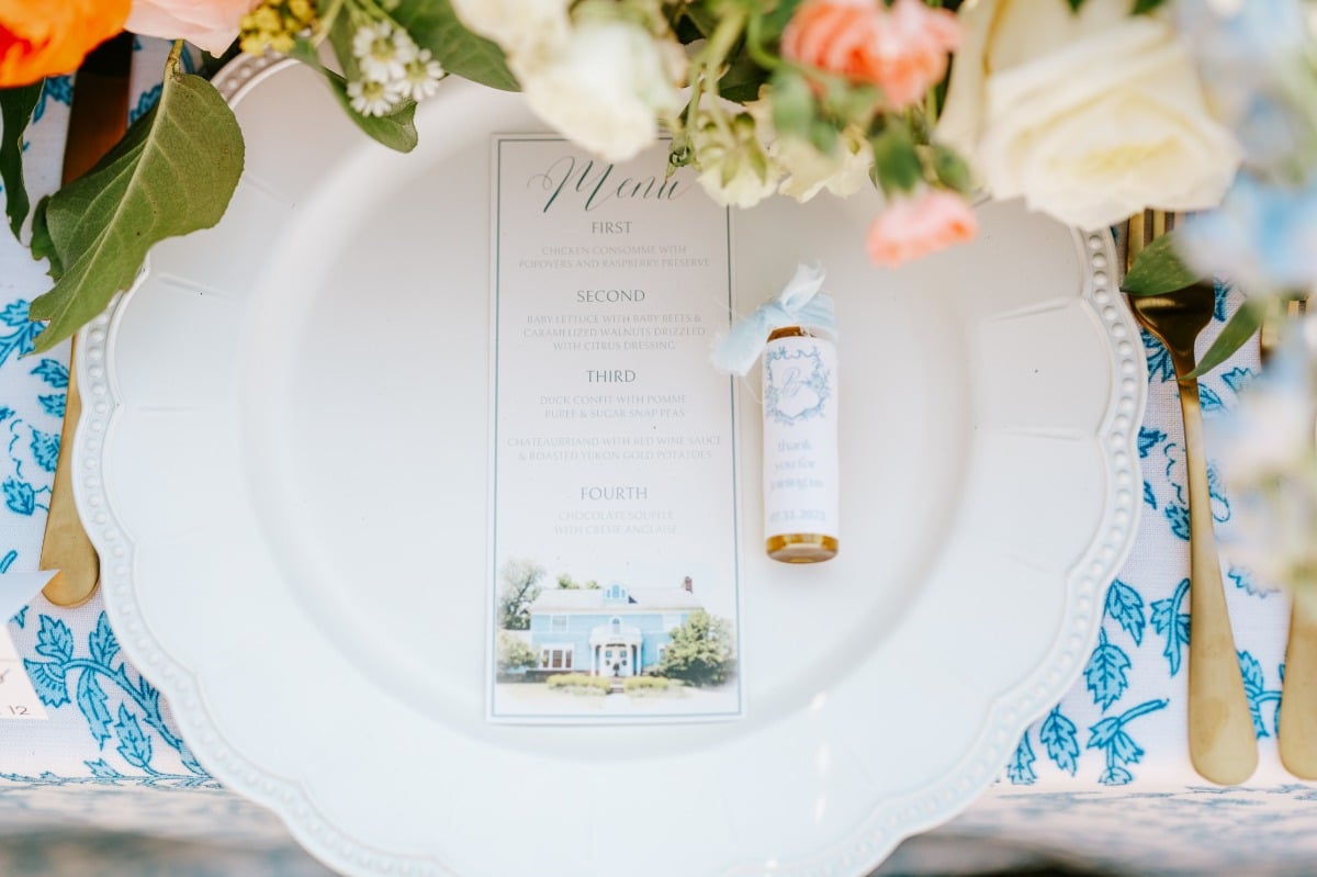 Floral garden reception table with watercolor menu